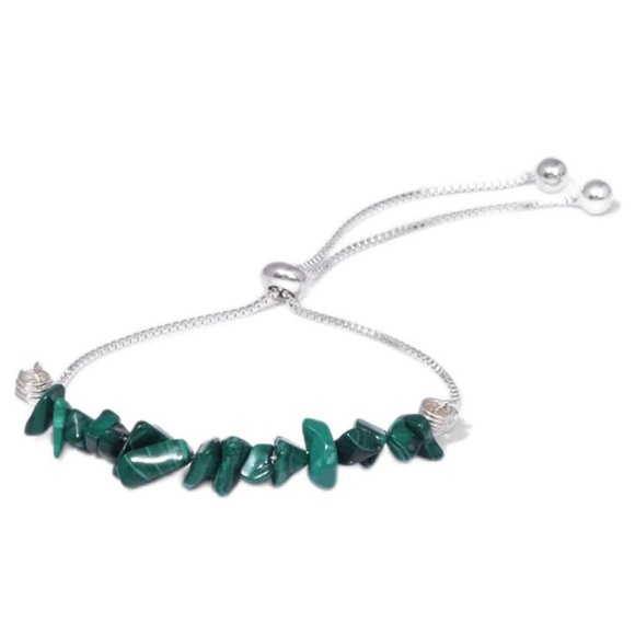 Green Irregular Natural Stone Malachite Silver Adjustable Slider Bracelet - Picture 3 of 7